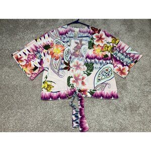 Chicos Floral & Paisley Kimono Topper 1P Front Tie Polyester Vivid Colors
